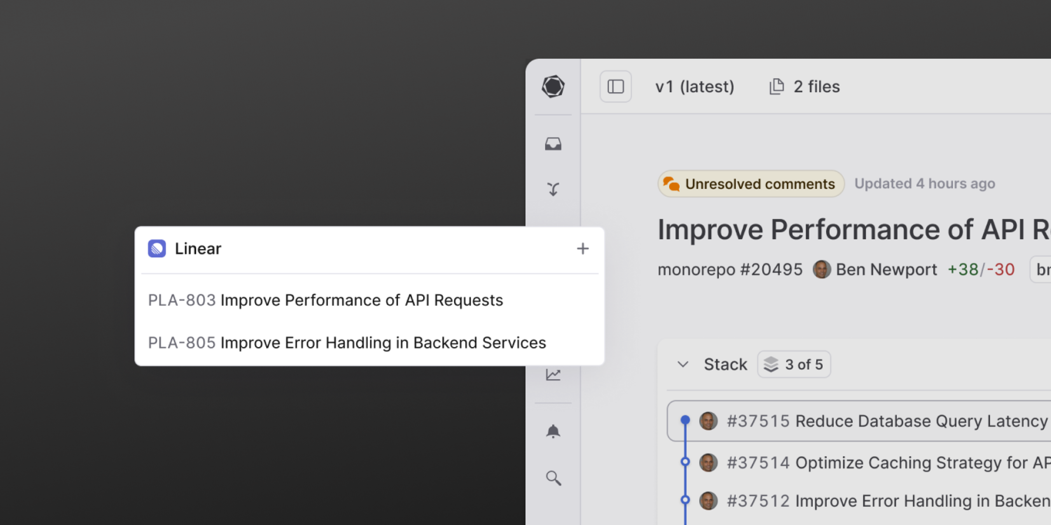 A view of a pull request in the Graphite app showing the Linear integration, which shows Linear issues linked to the pull requests