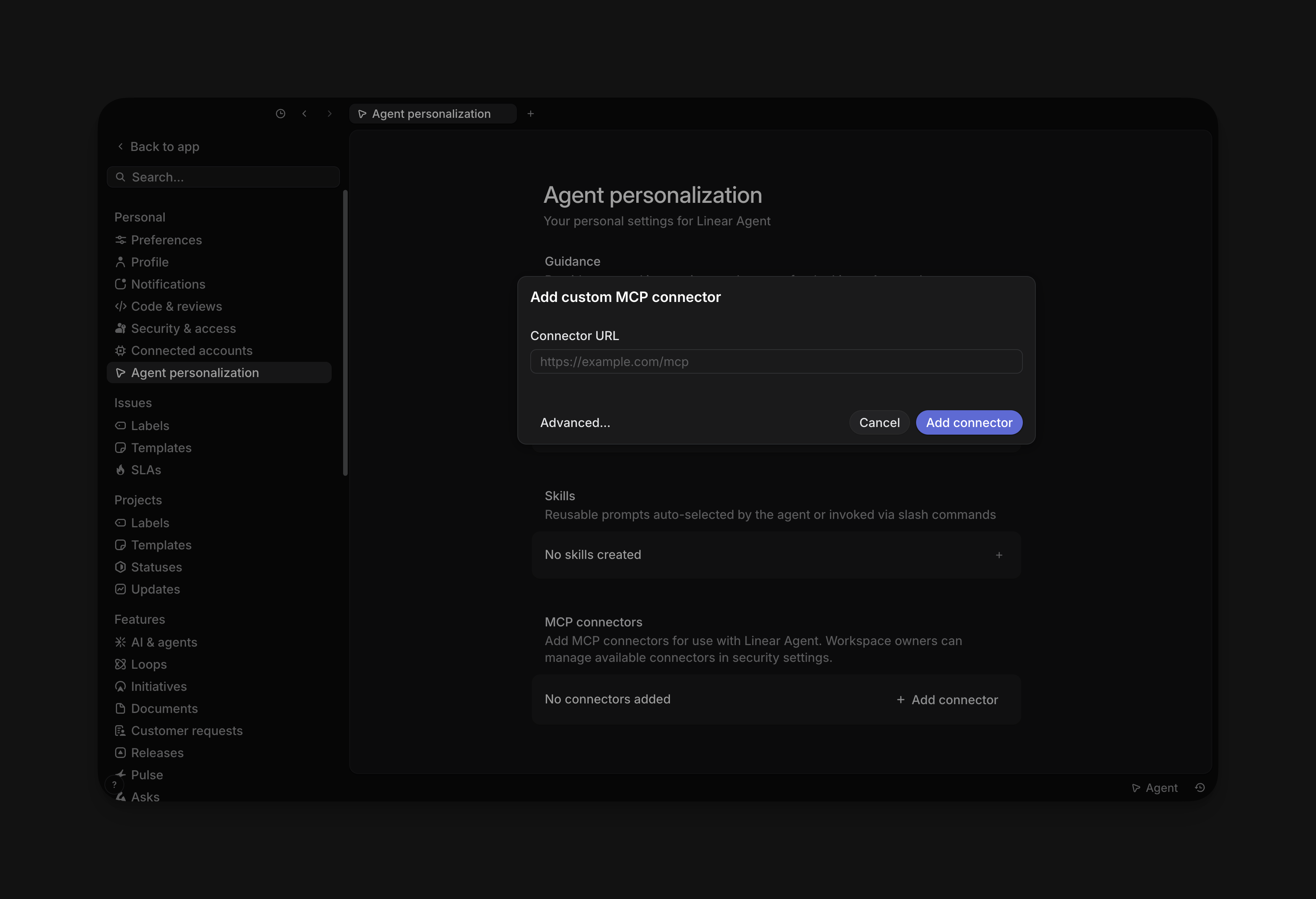 Add custom MCP connector dialog with a blank Connector URL field, Advanced options, Cancel, and Add connector buttons