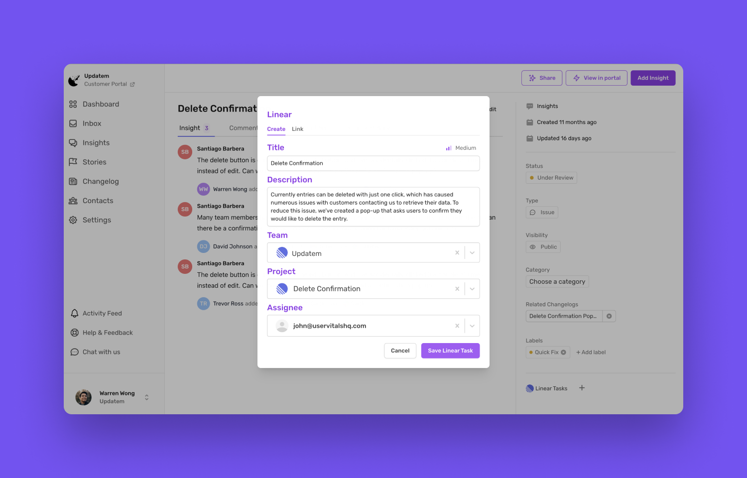 UserVital's dialog for creating or linking a Linear issue to a piece of user feedback.