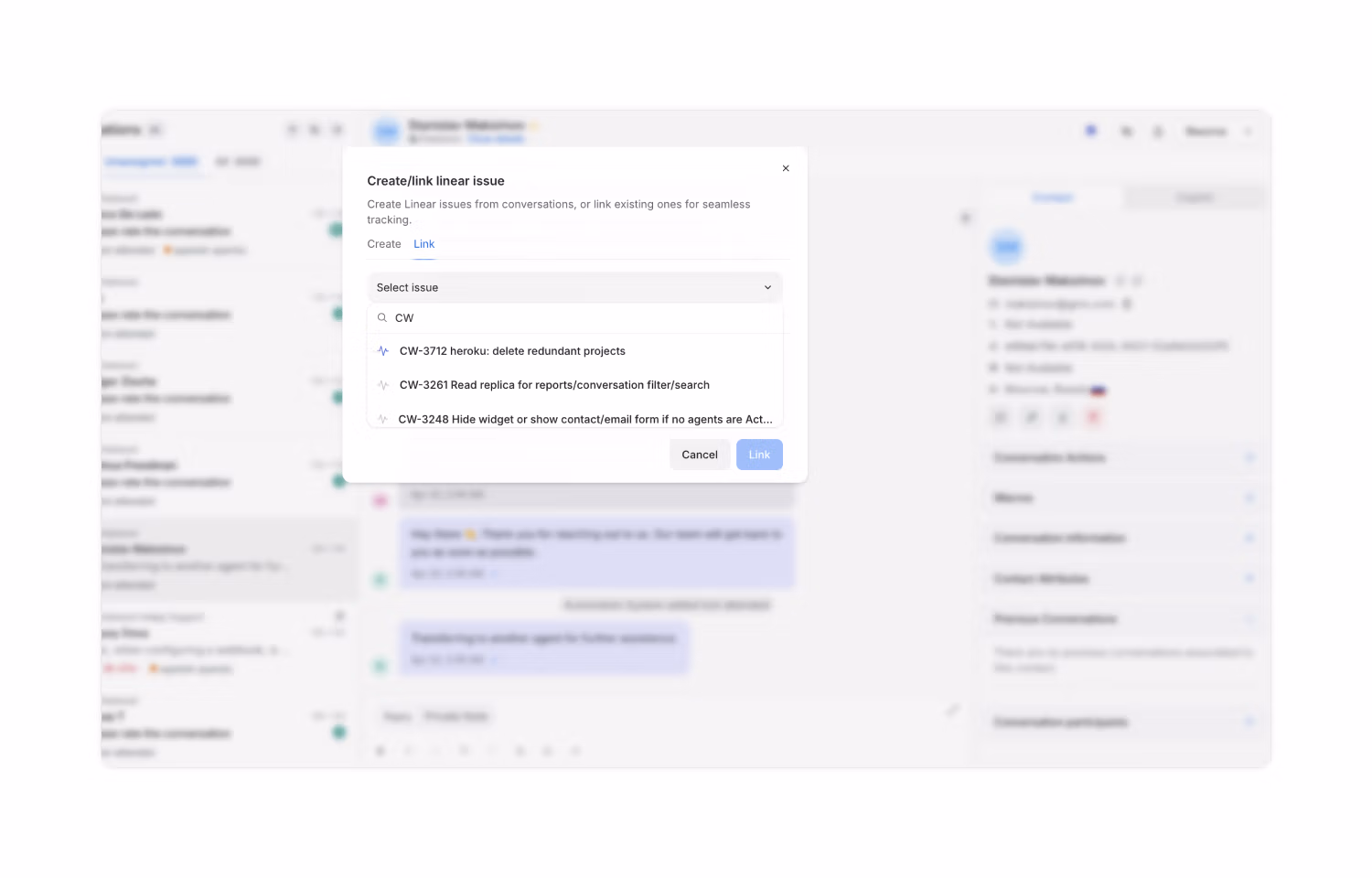 Linking existing Linear issues in Chatwoot