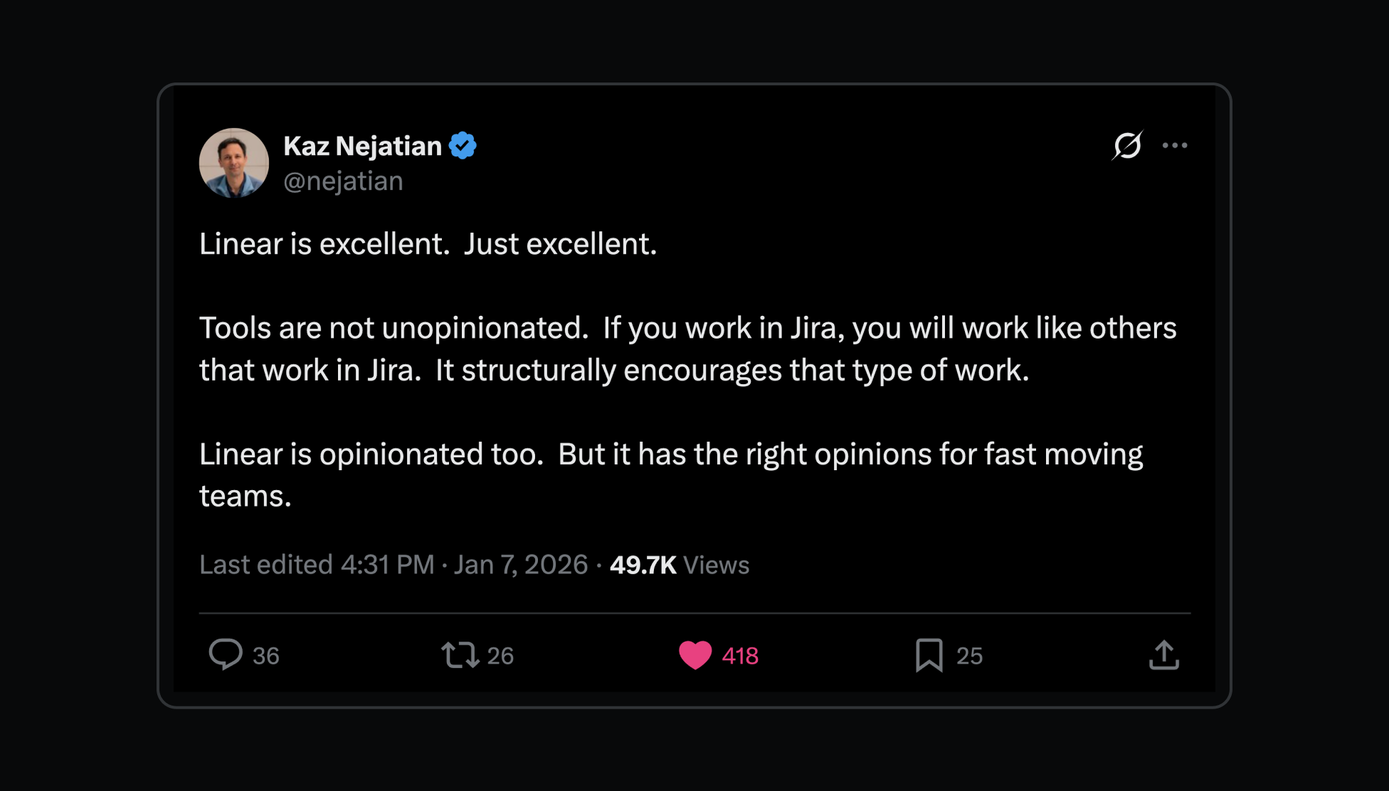 A tweet from Kaz talking about Linear.