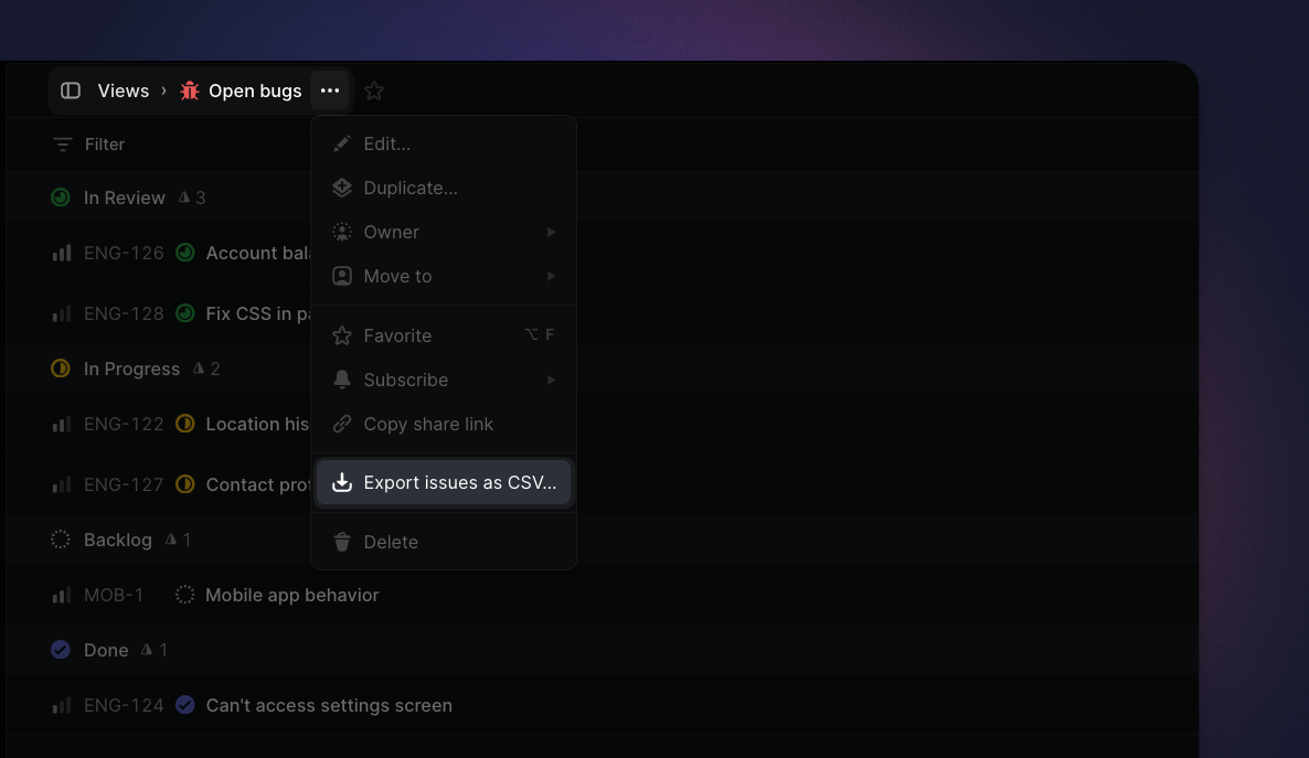 Export issues as CSV option displayed after clicking on the overflow menu on a custom view