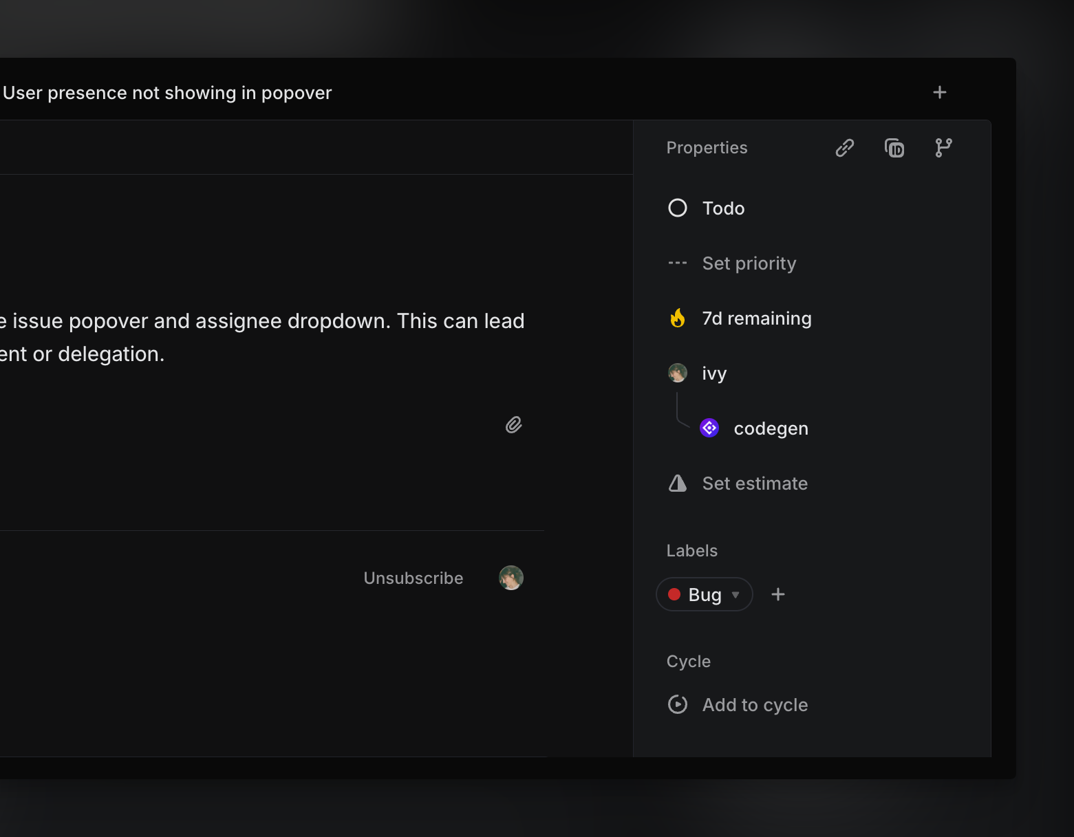 Linear issue detail view showing an issue labeled 'In Progress' assigned to a teammate and delegated to an agent, with both assignee and delegated agent avatars shown in the properties sidebar.
