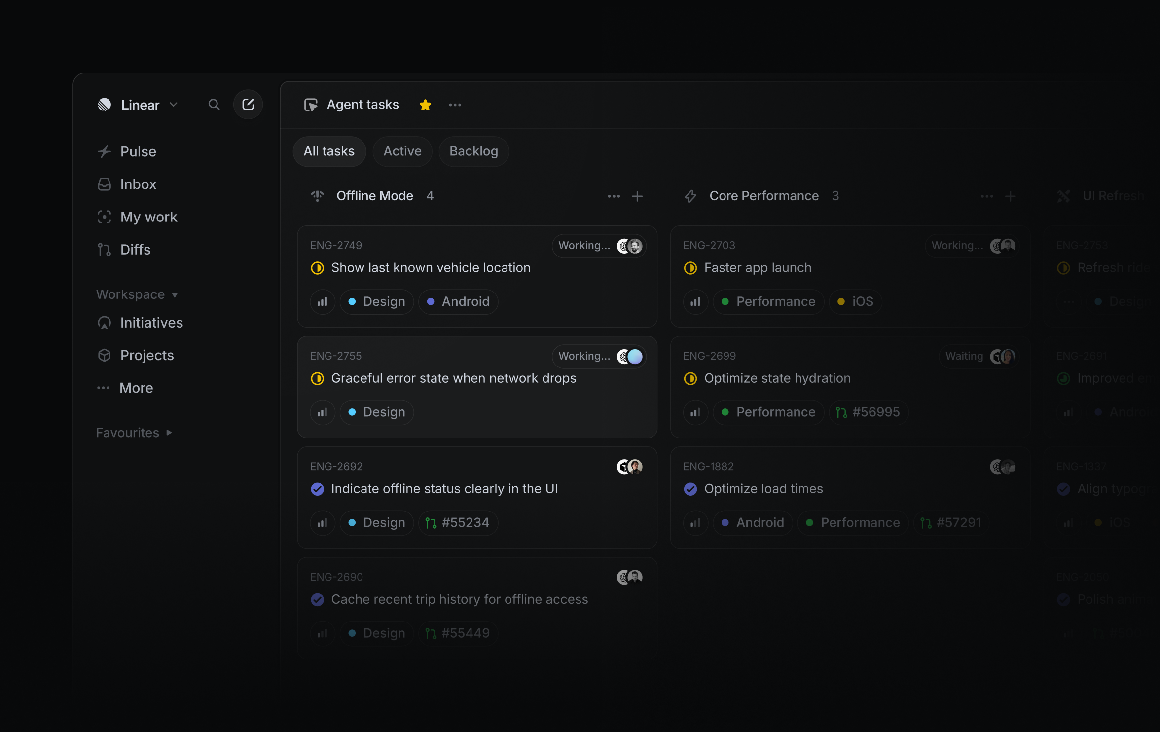 Dark-themed Linear workspace showing an “Agent tasks” board with task cards organized into columns such as Offline Mode and Core Performance, with filters, labels, assignees, and issue IDs visible.
