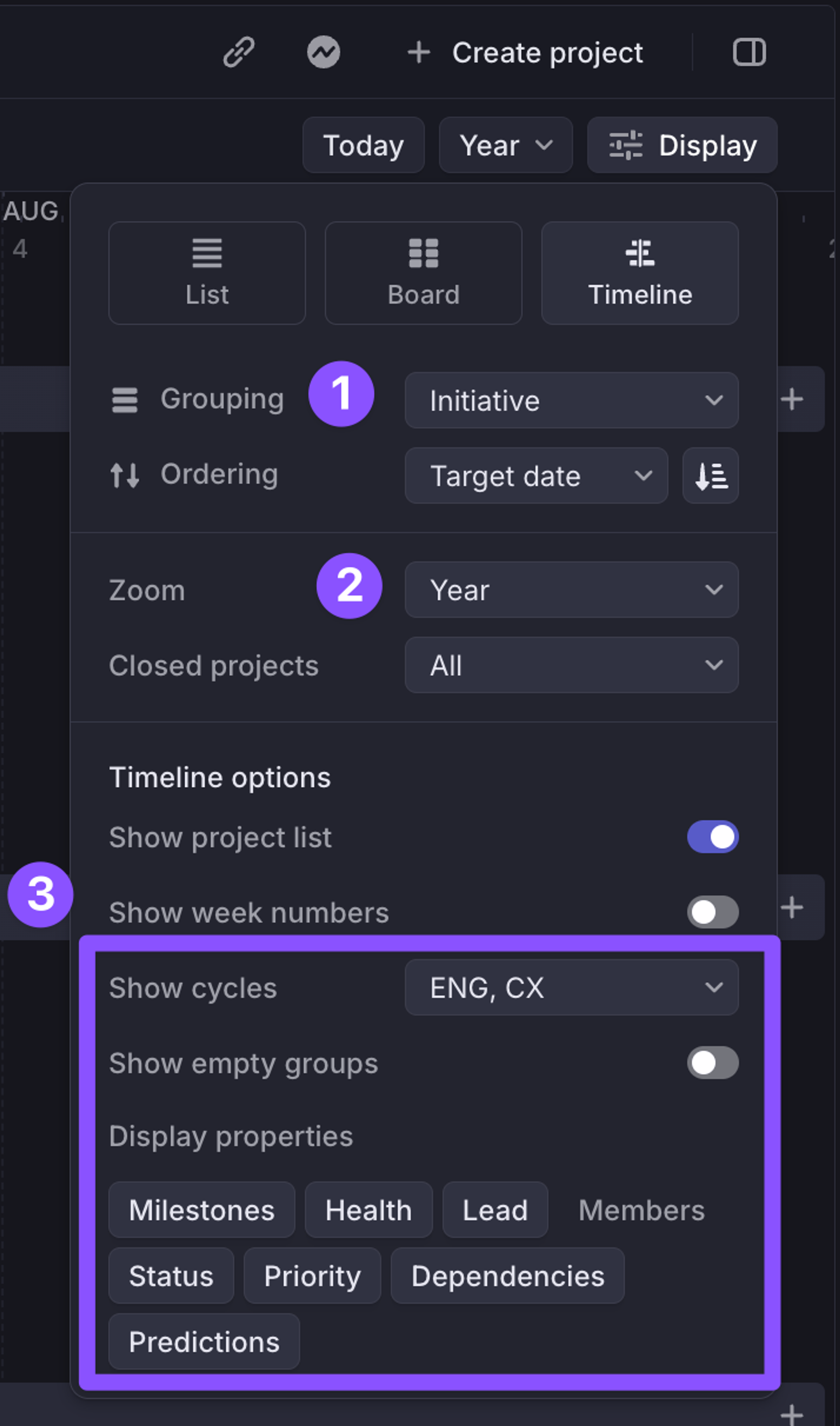 Timeline display options