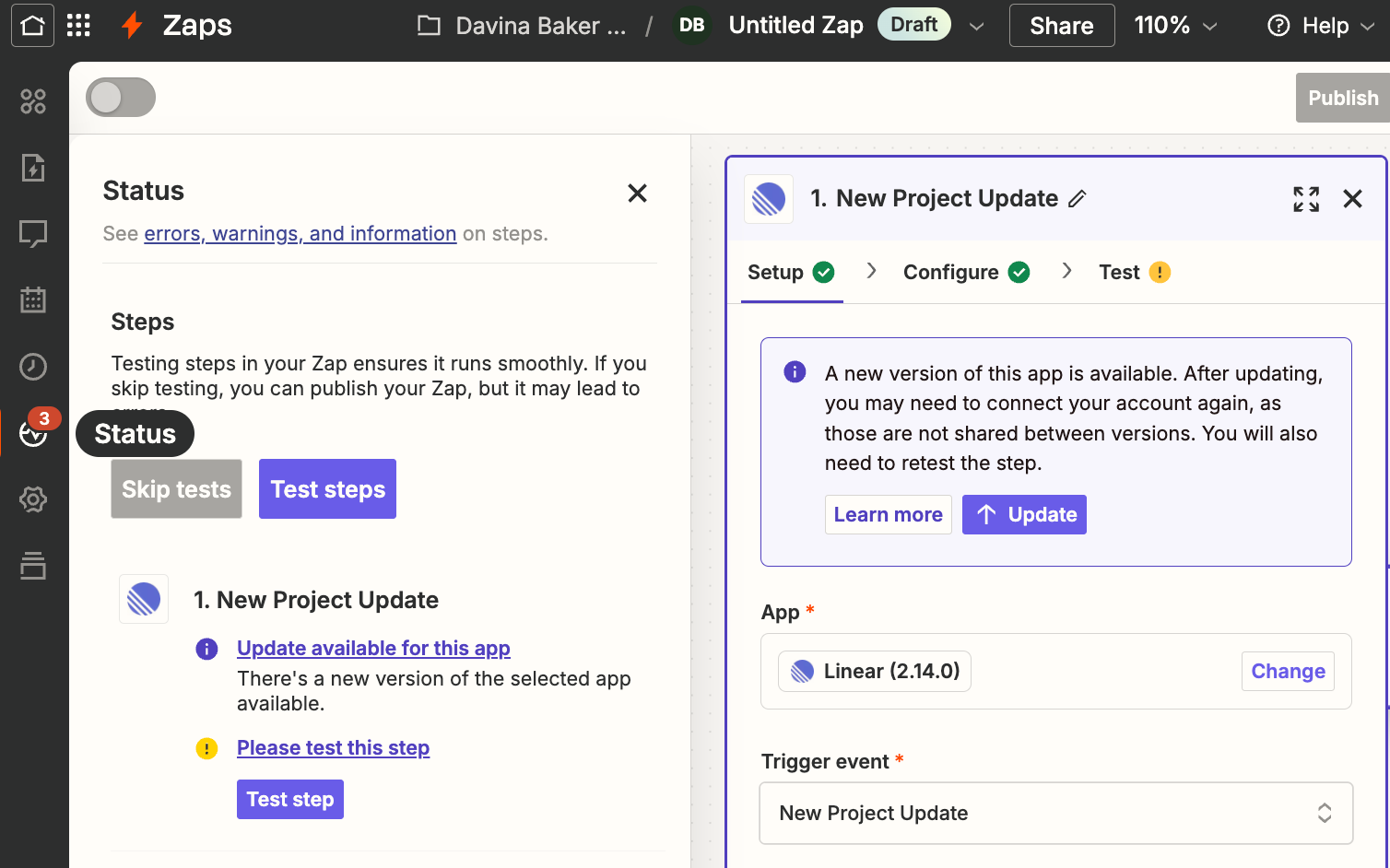 status pane in zapier showing an available update for Linear