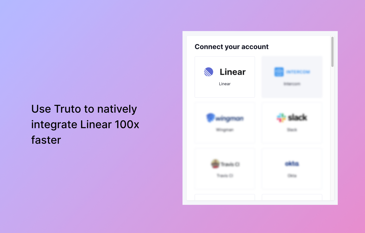 Truto app showing Linear integration tile and blurred out tiles for other apps