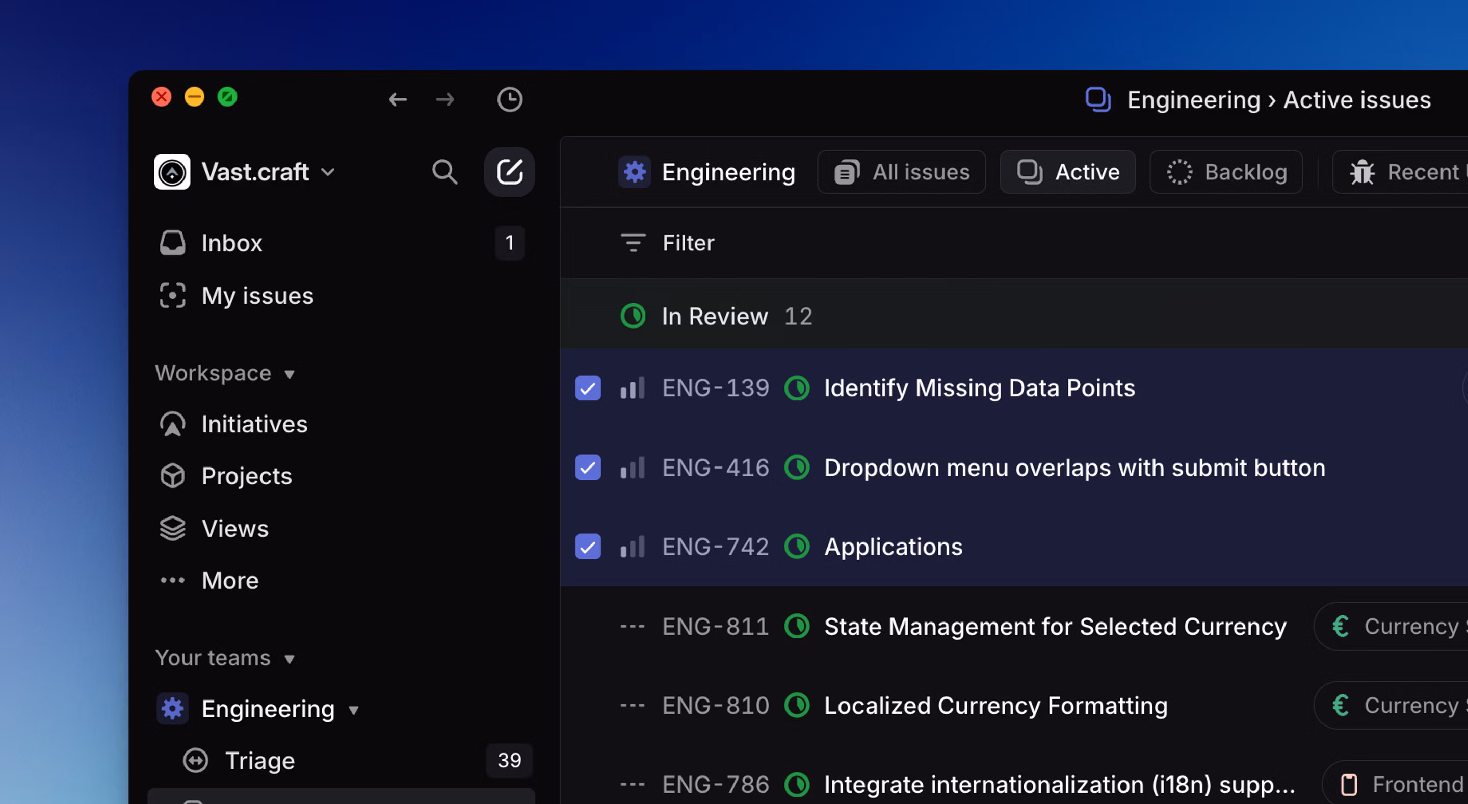 Linear app showing multiple issues selected