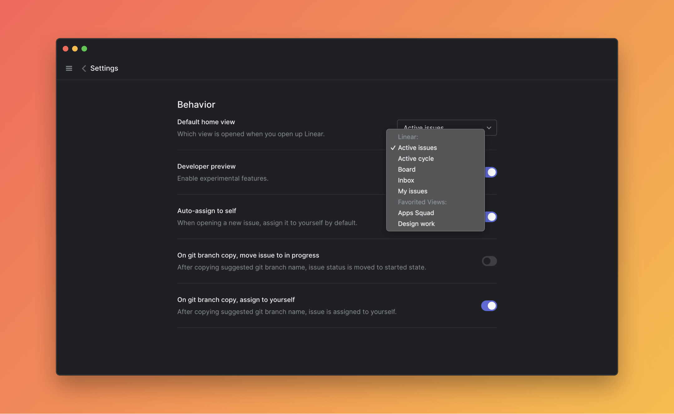 Linear settings showing the default home view setting