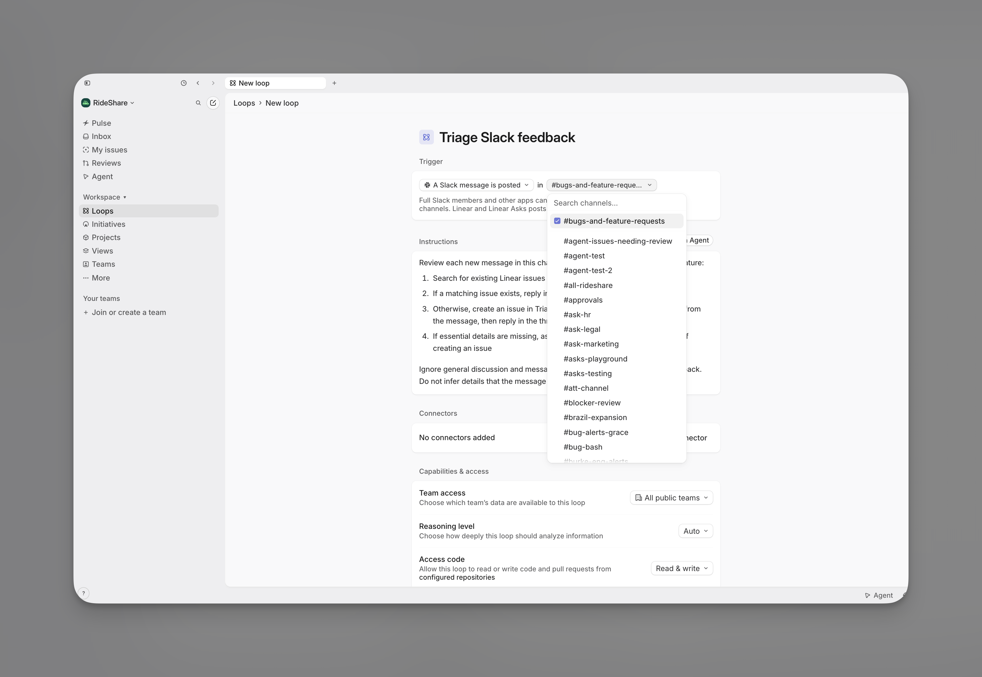 Loop editor with a Slack Message posted trigger configured for a public channel