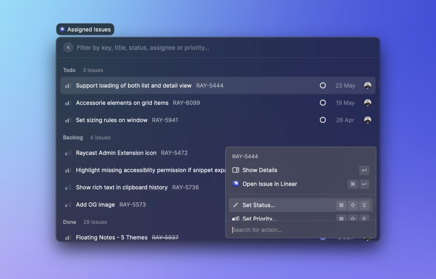 The assigned issues view in Raycast, hovering over the option to "Set status…"