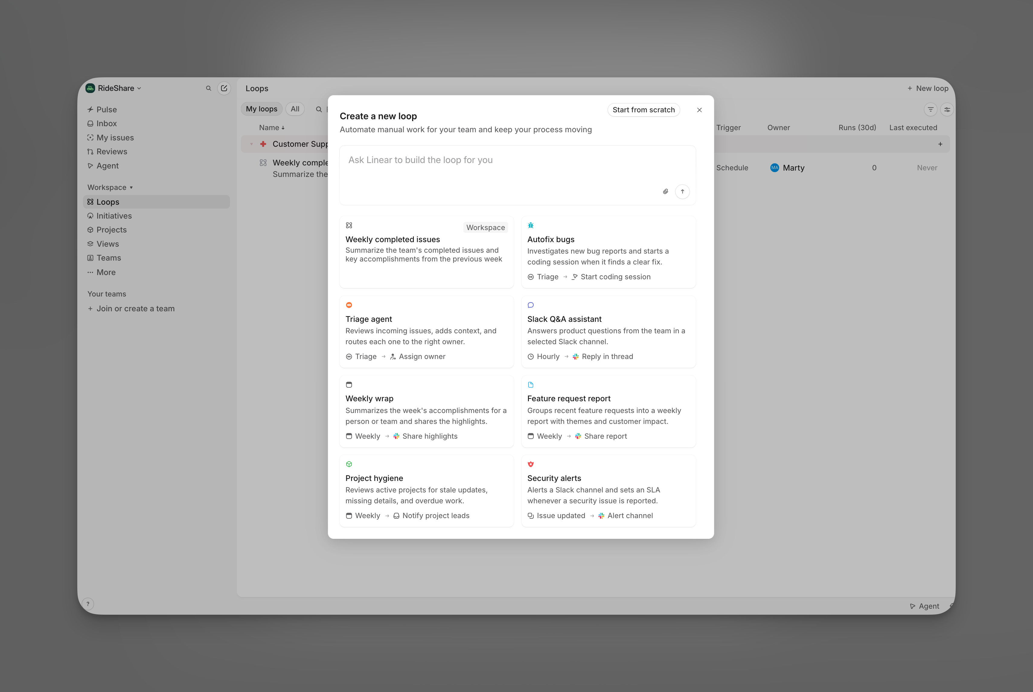 Create a new loop dialog with a Weekly completed issues template card marked Workspace, shown before the built-in templates