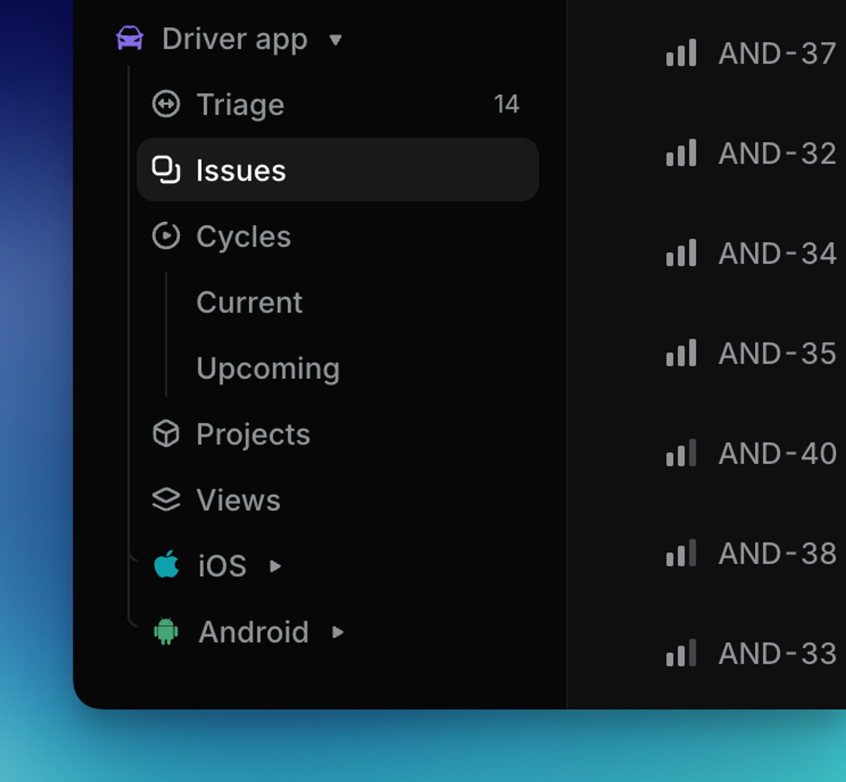 Shows a mobile parent team with nested ios and android teams in Linear's sidebar