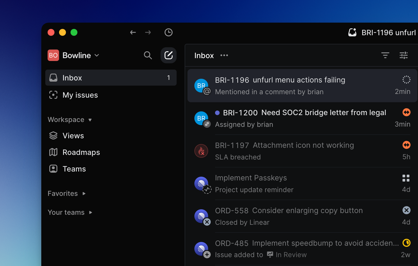 Inbox view in Linear