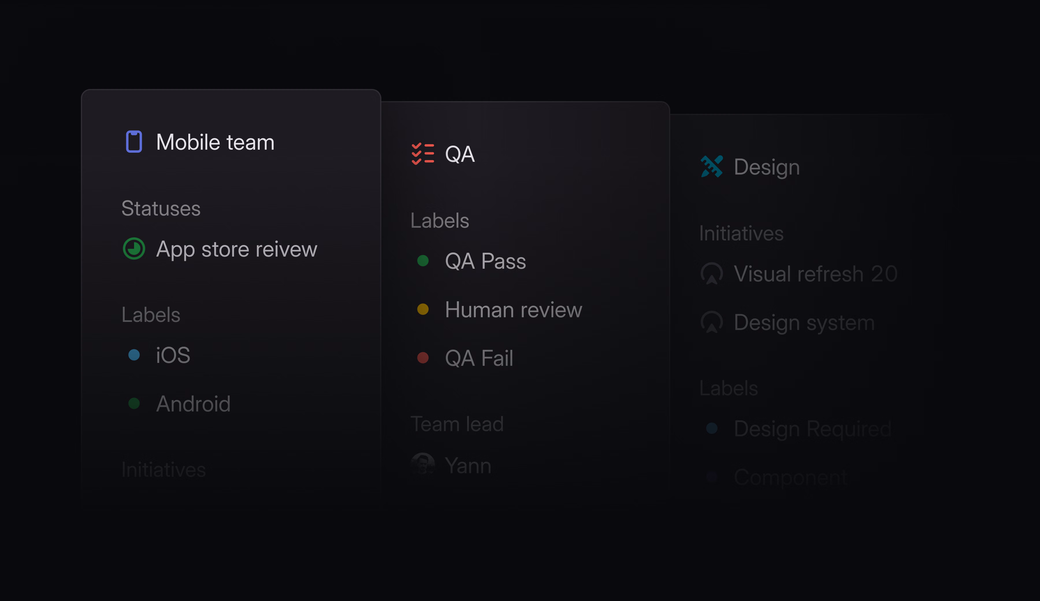 Overlapping team settings panels showing custom statuses, labels, initiatives, and team ownership for Mobile, QA, and Design teams.