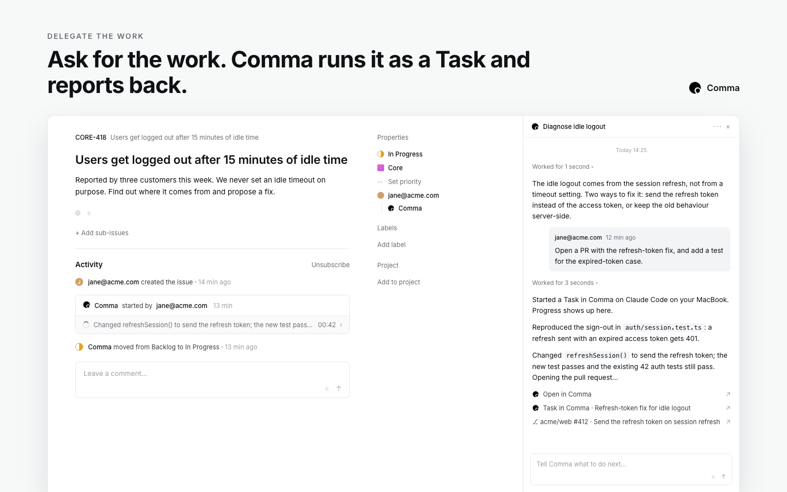 agent session in Linear for comma