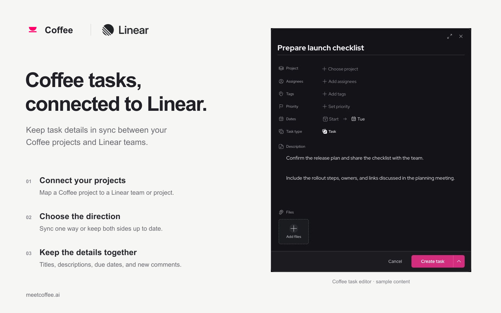 coffee tasks showing connection to Linear