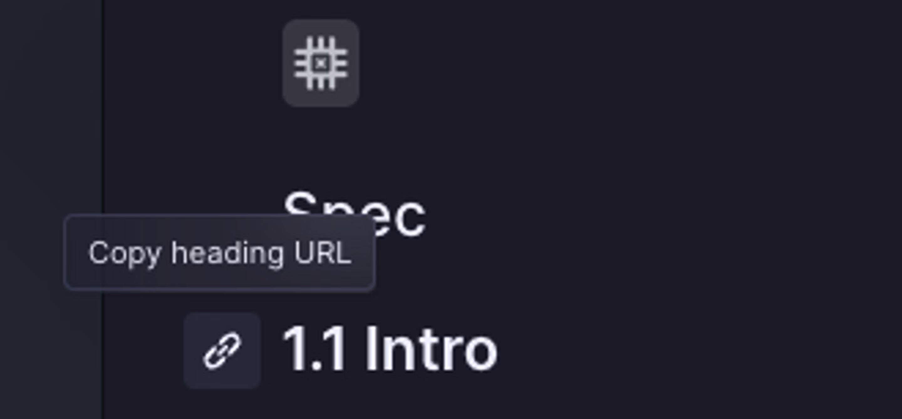 Copy heading URL button on the left side of header formatted text