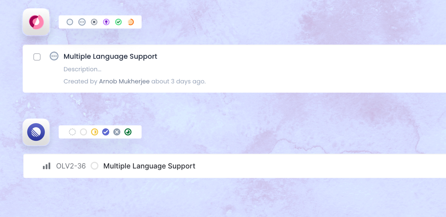 Olvy interface and Linear interface both showing similar status associated with an issue