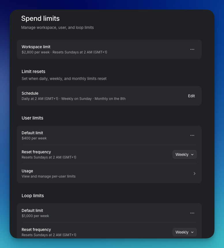Spend limit options
