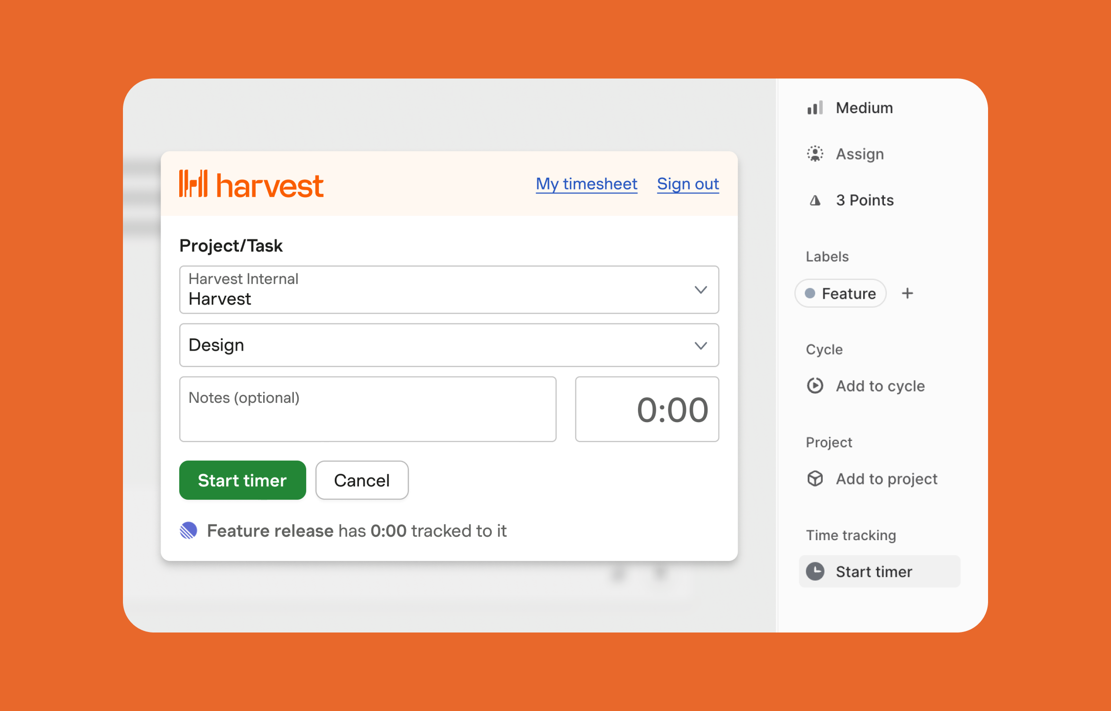 Harvest browser extension adding a time tracking menu to issues in Linear