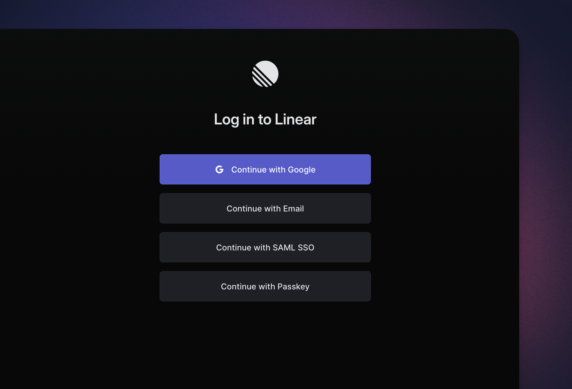 Image of the login options available when opening your Linear app for the first time