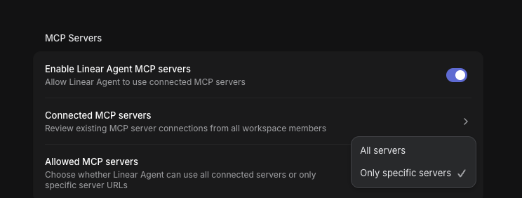 security settings MCP server section -- All severs or only specific servers