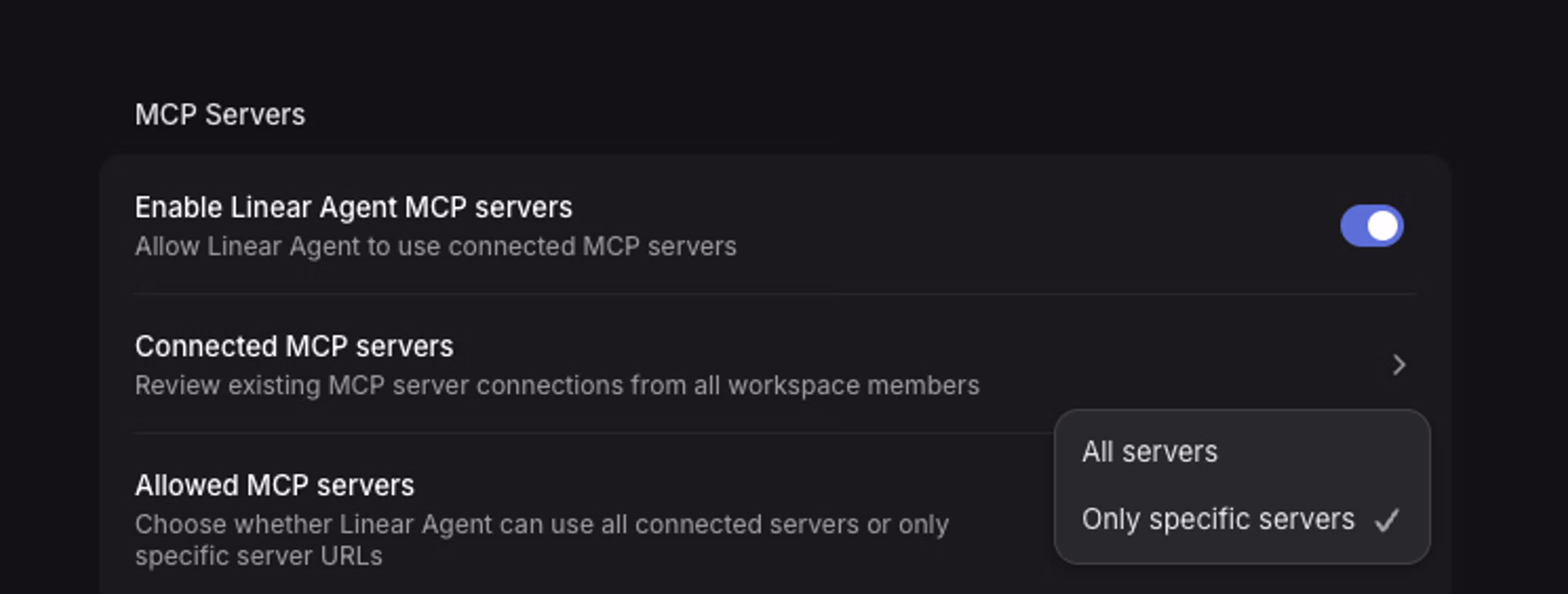 security settings MCP server section -- All severs or only specific servers