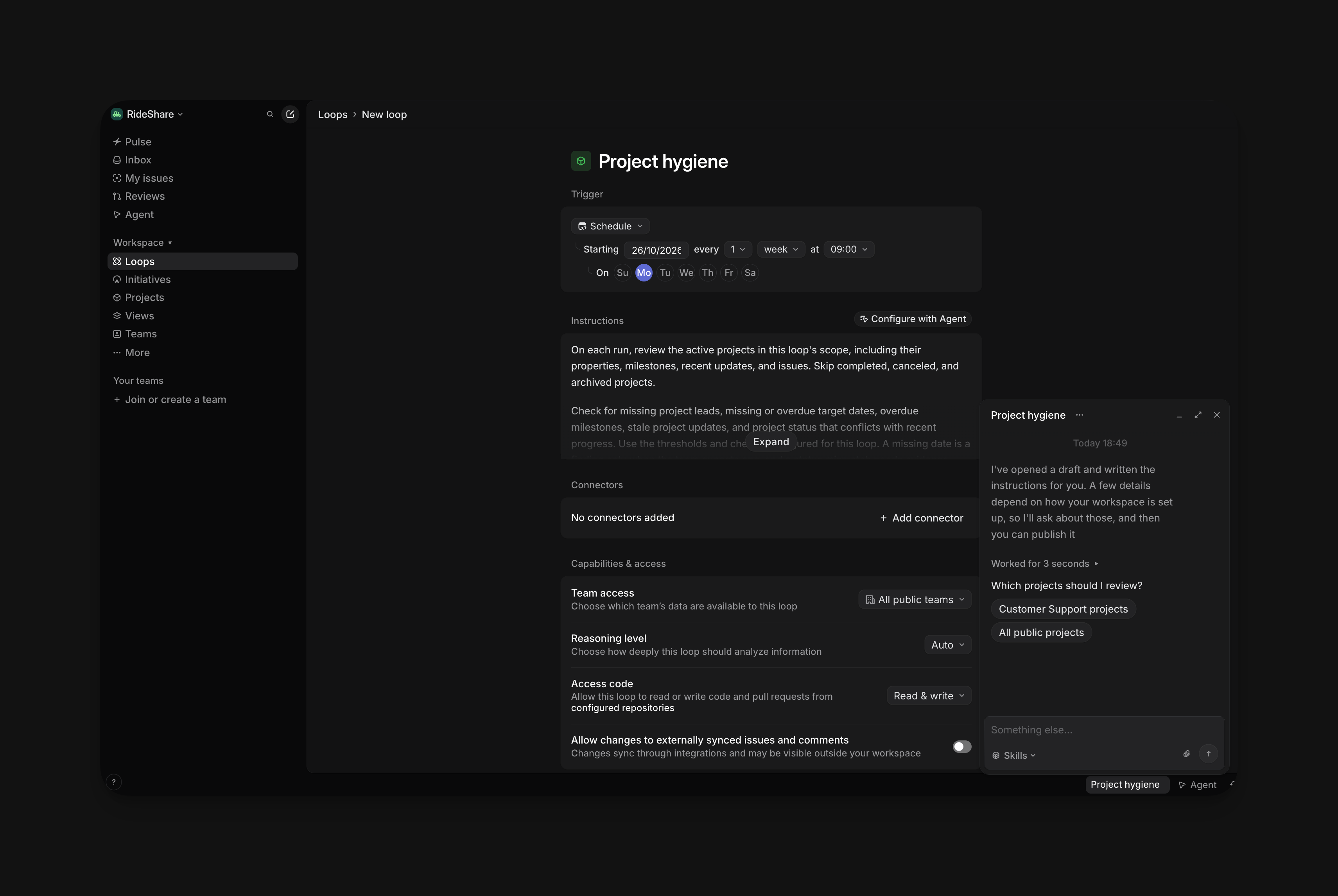 Project hygiene loop draft with a chat panel asking "Which projects should I review?" and the options Customer Support projects and All public projects