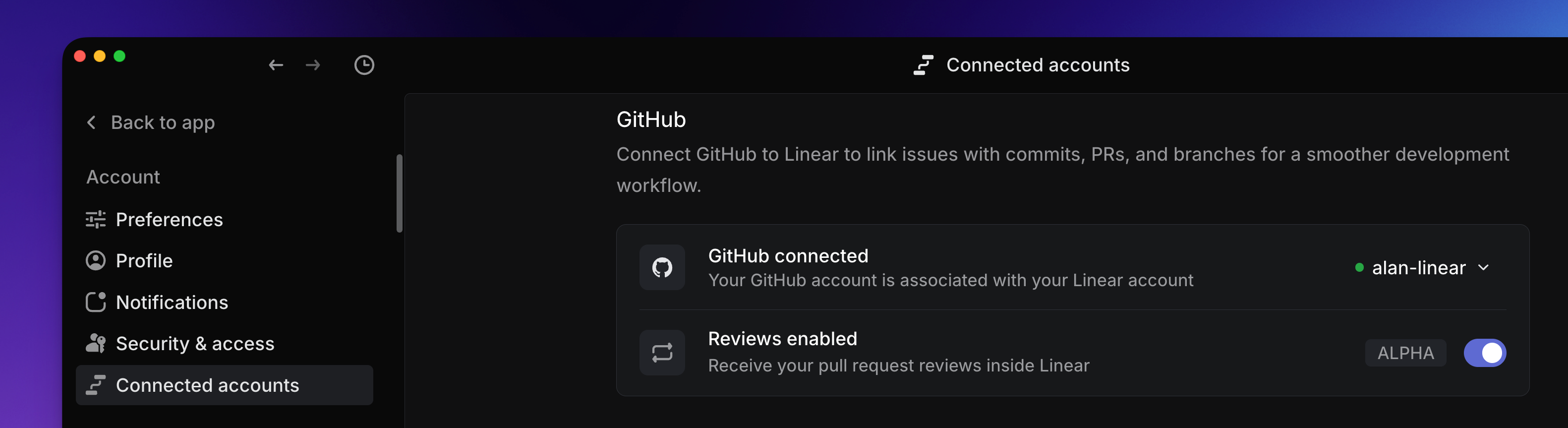 Linear Connected Accounts containing Github Toggle
