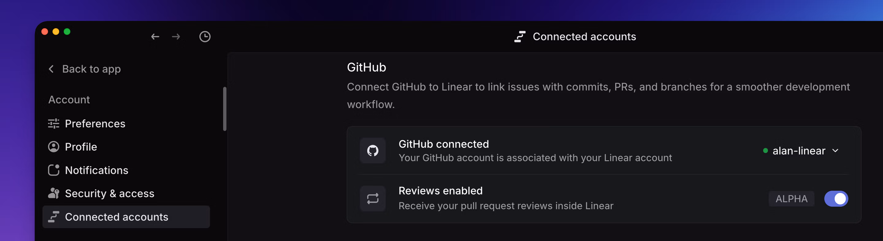 Linear Connected Accounts containing Github Toggle