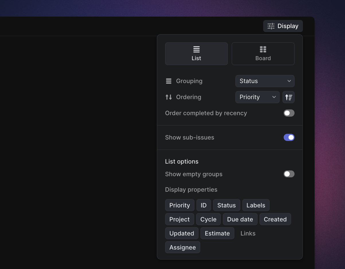 Image showing the upper right corner of the roadmap view and the view options. These include the layout, zoom and ordering options and the options to choose whether completed projects and empty milestones are shown.