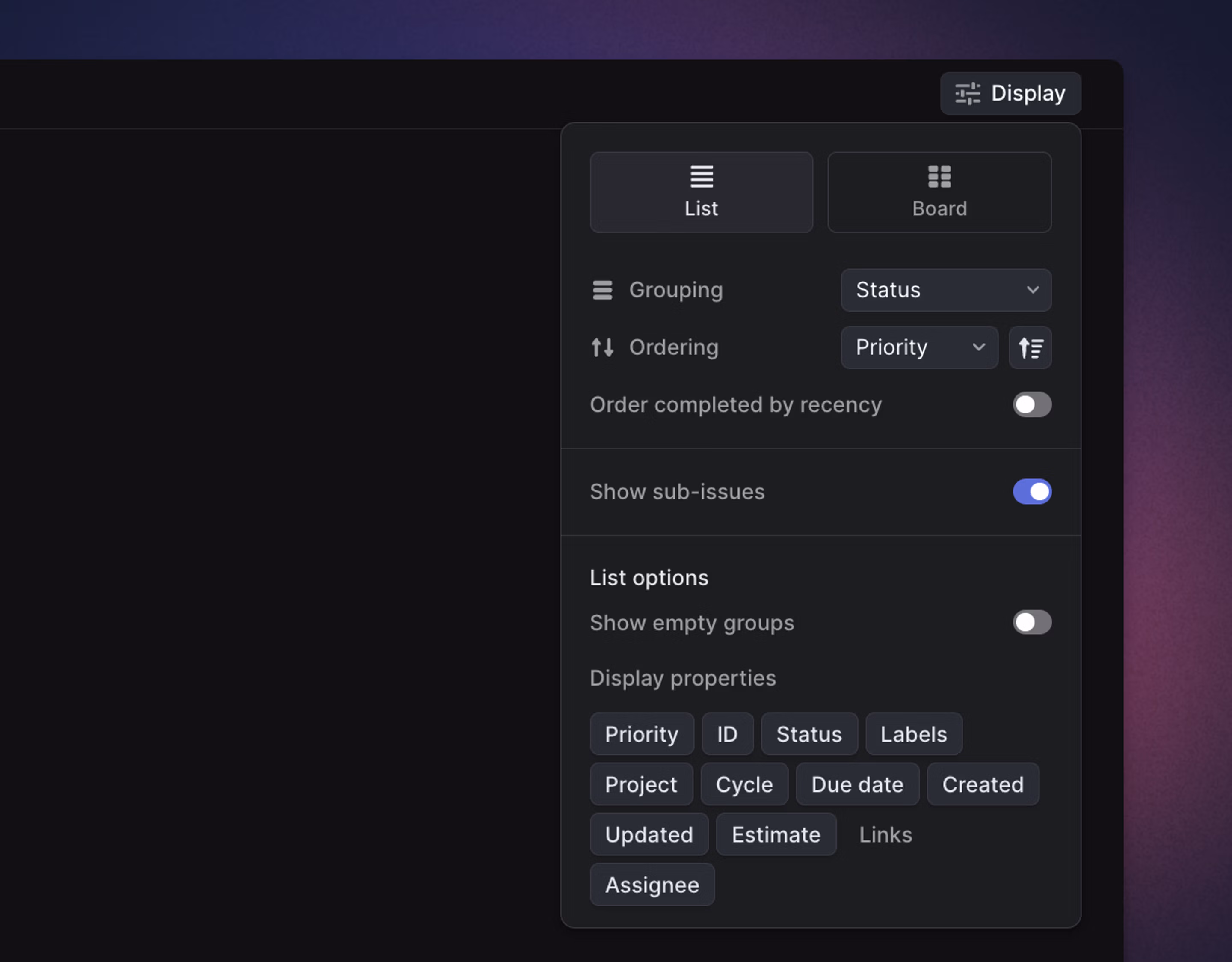 Image showing the upper right corner of the roadmap view and the view options. These include the layout, zoom and ordering options and the options to choose whether completed projects and empty milestones are shown.