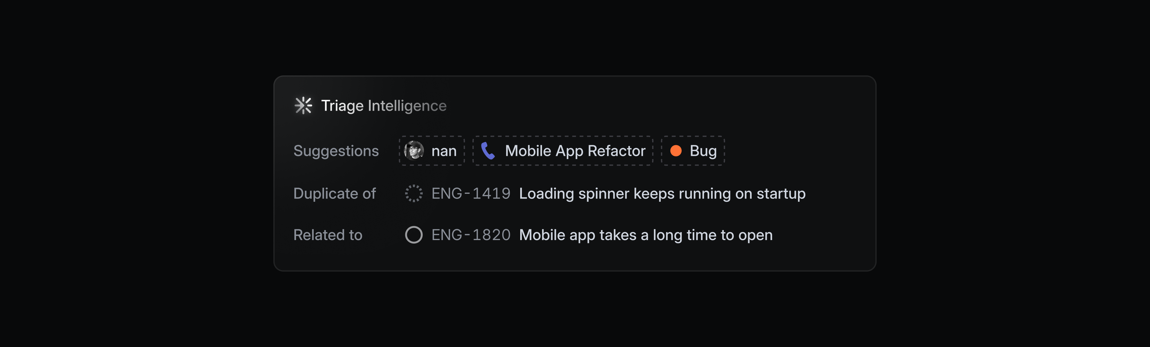 Dark UI card labeled “Triage Intelligence” showing suggested issue tags, a possible duplicate, and a related engineering issue