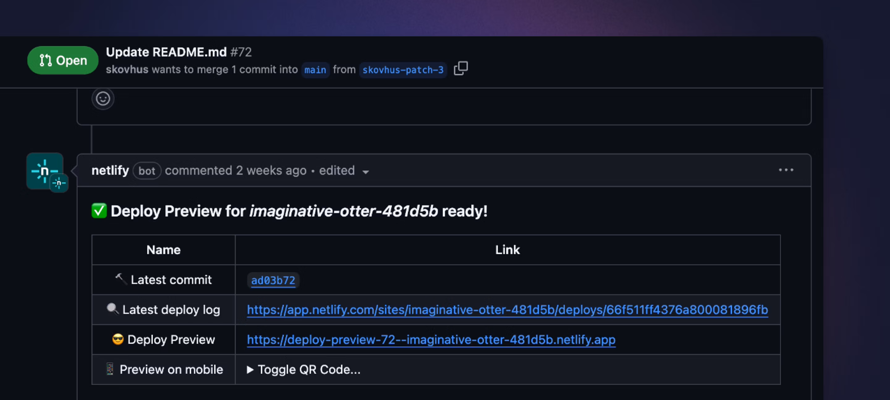 Netlify PR comment with preview