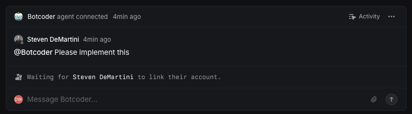 A human user commenting "@Botcoder Please implement this", and a row below containing "Waiting for (human username) to link their account."