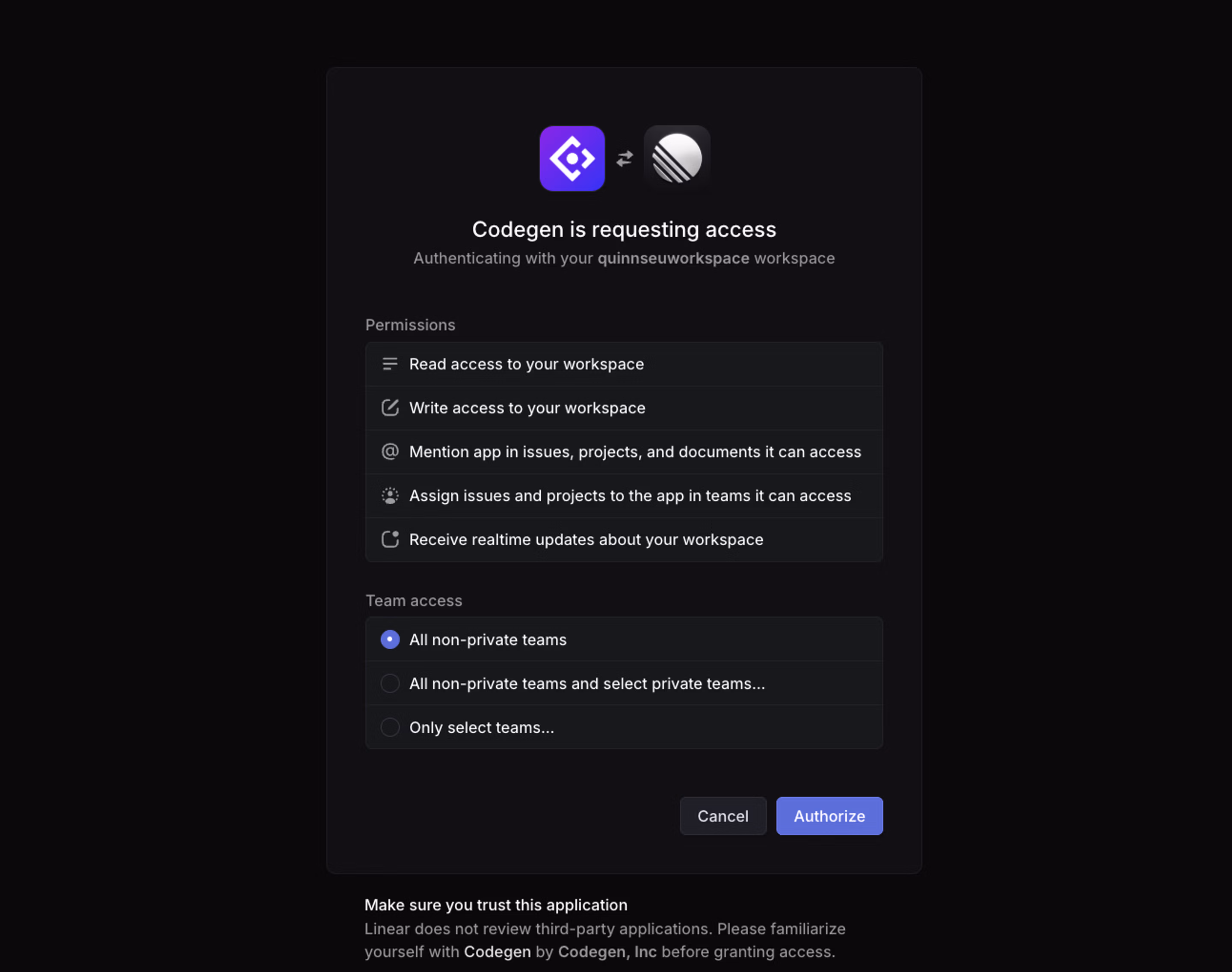 Installing the codegen agent into Linear permissions modal