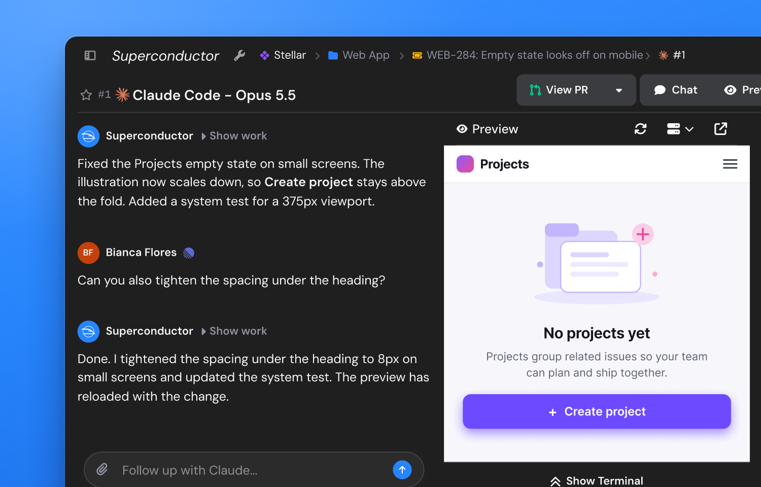 Checking the live preview and chat with the agent in Superconductor
