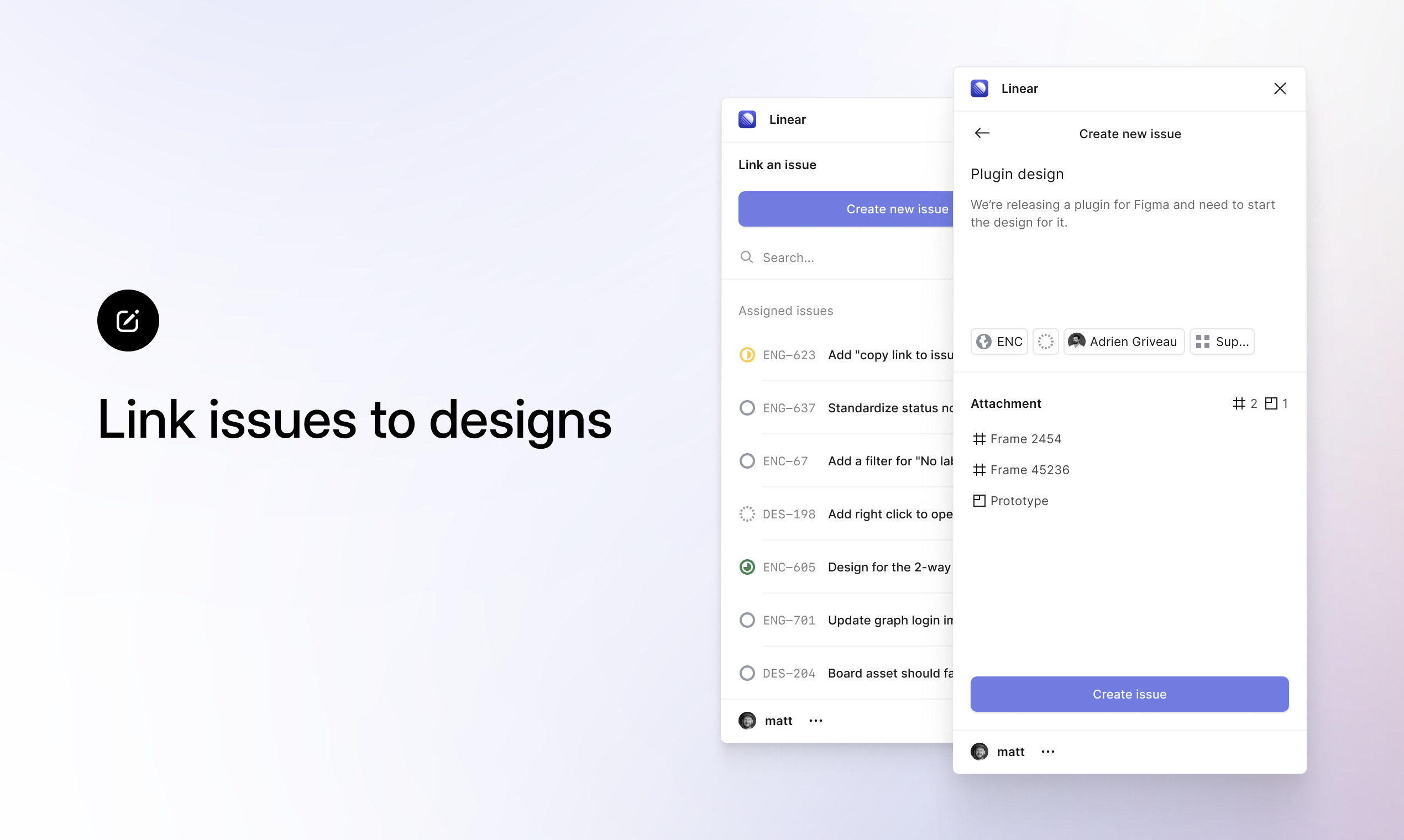 Figma plugin showing the option to create issues in Linear