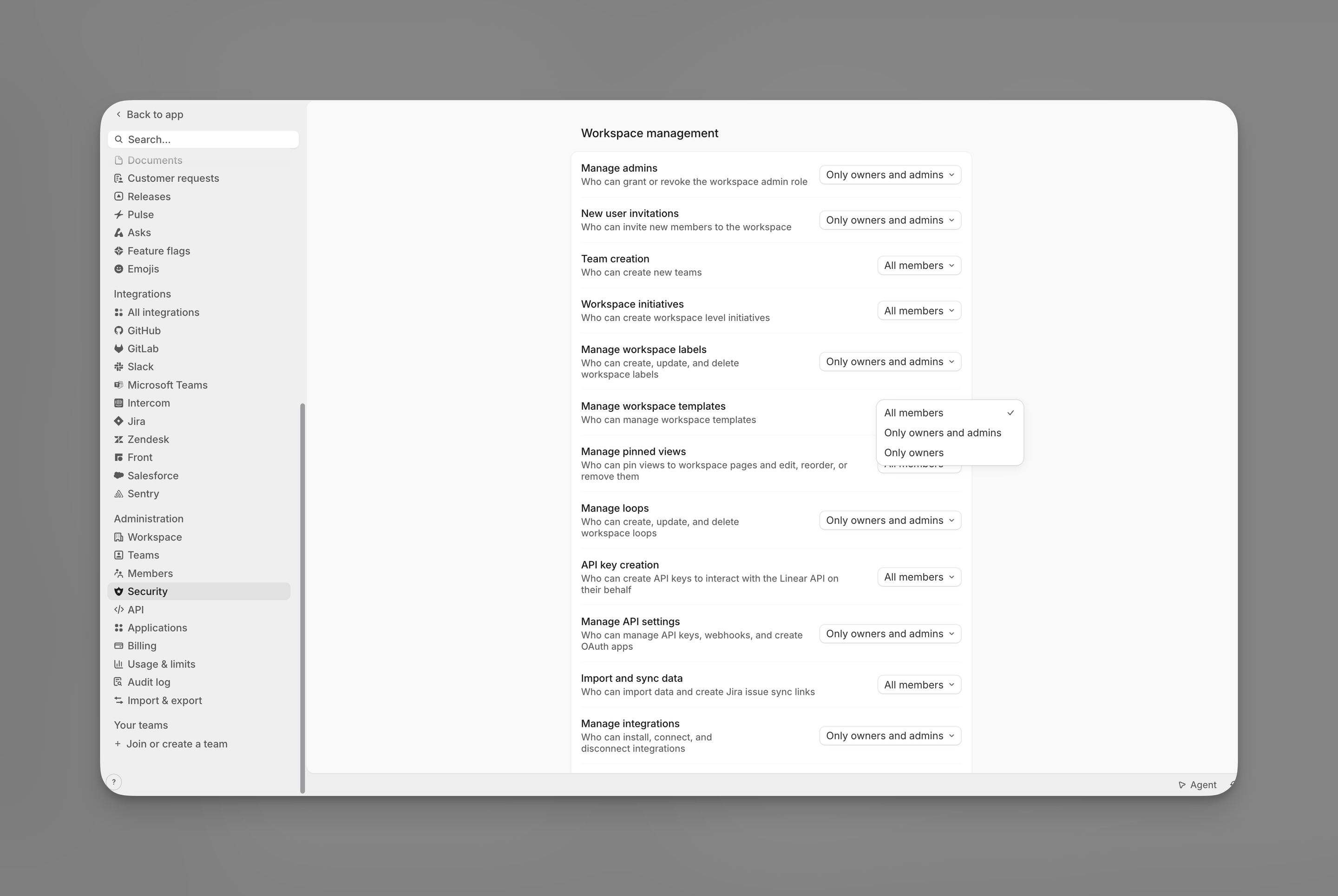 Workspace management security settings with the Manage workspace templates dropdown open, showing All members, Only owners and admins, and Only owners