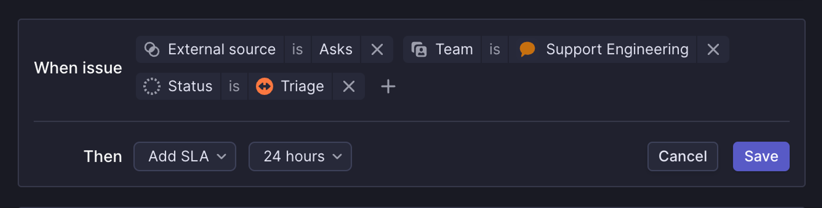 SLA with external source, Triage status, and specific team applied