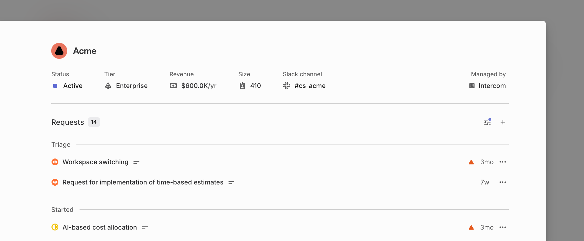 Example of a customer "Acme" with some customer requests