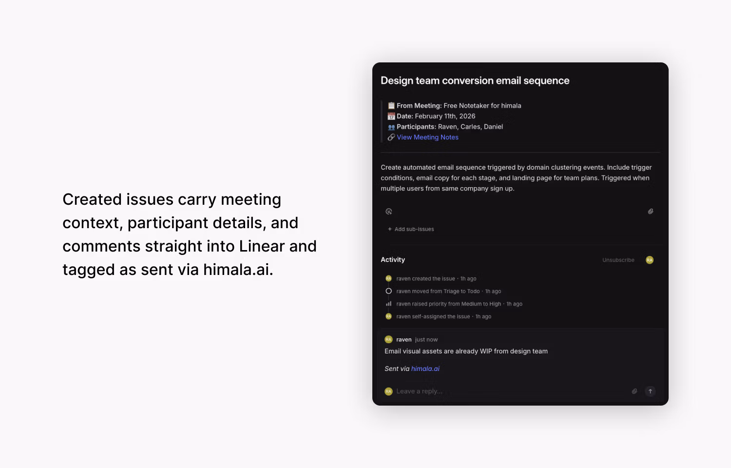 Created issues carry meeting context, participant details and comments into Linear