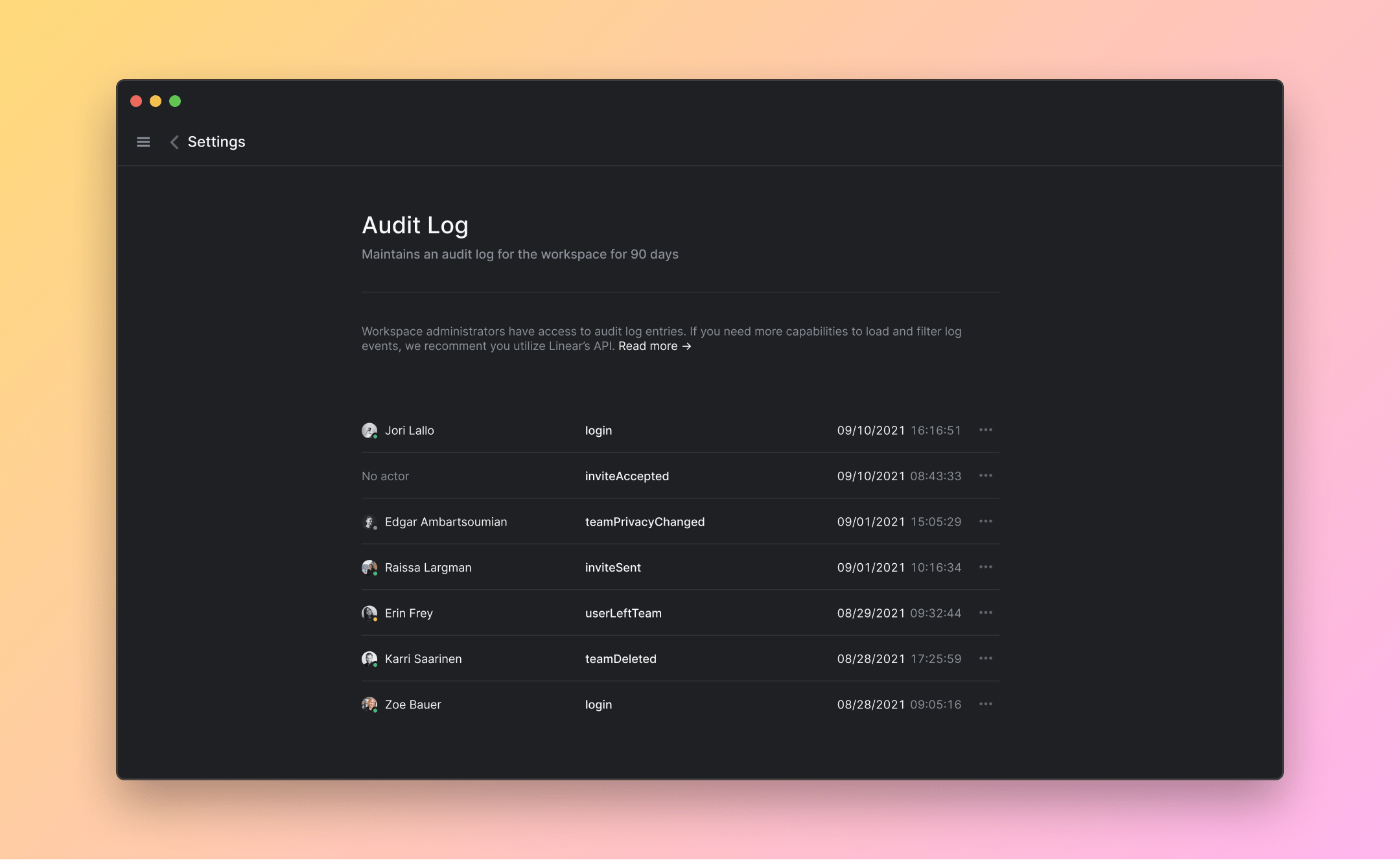 Audit log page in Linear