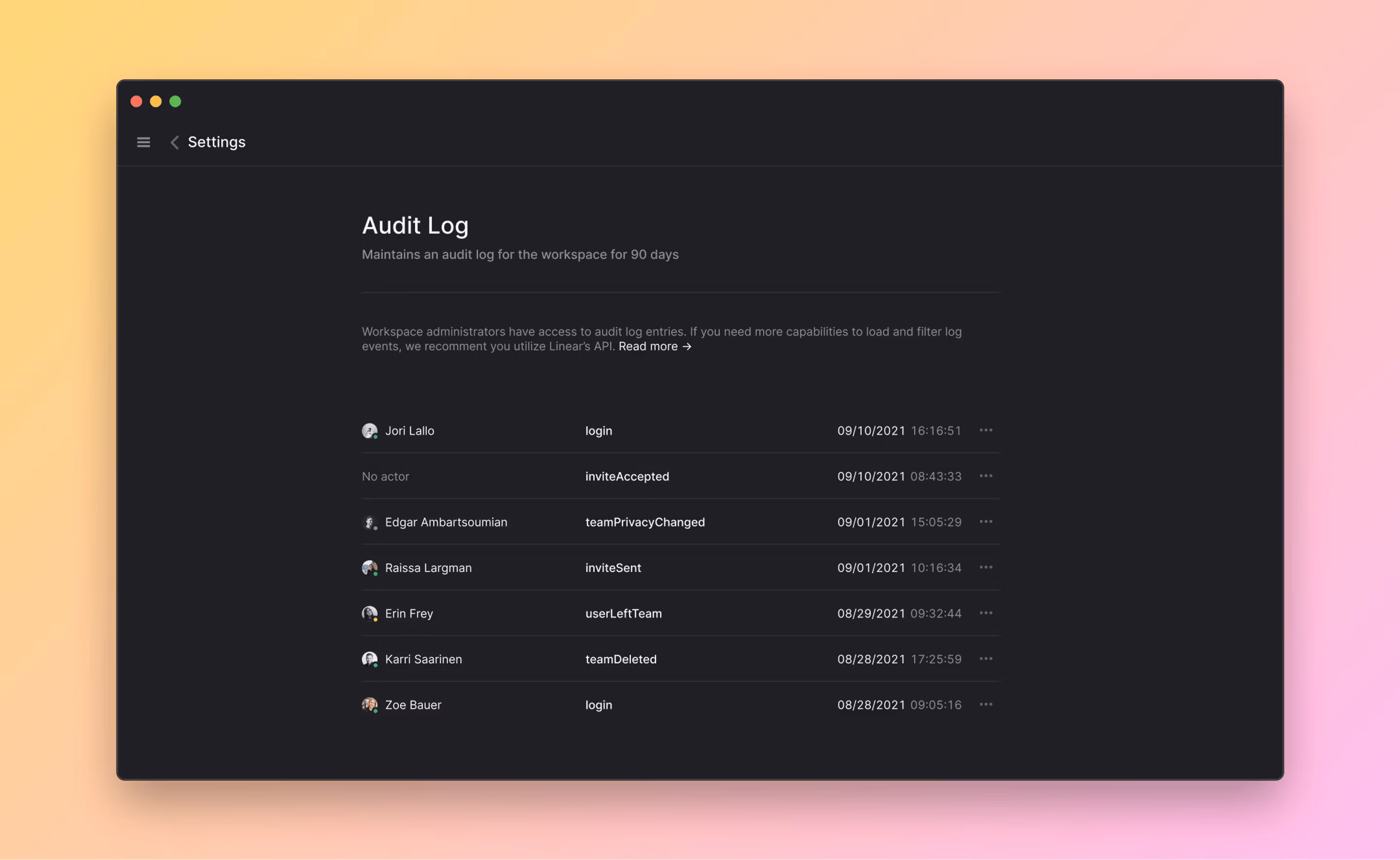 Audit log page in Linear