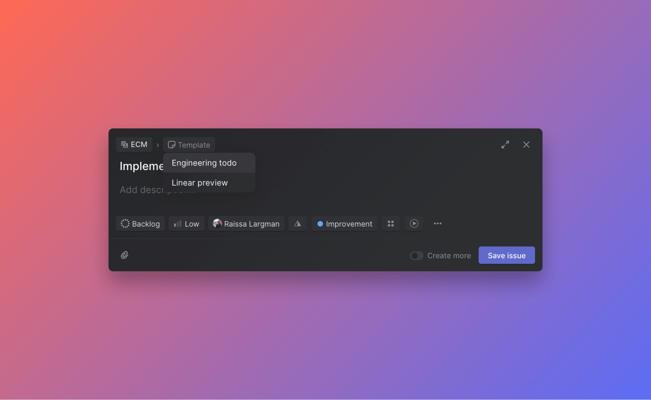 Linear interface showing the option to select a template during issue creation