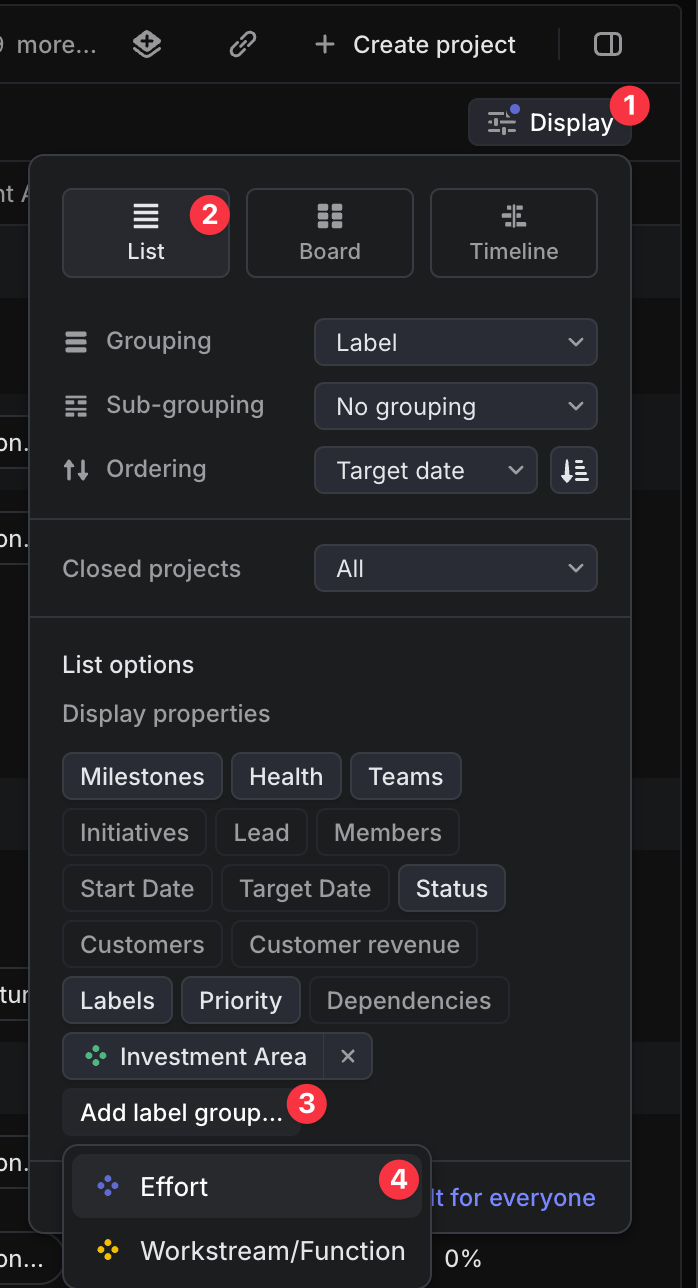 click display, list, add label group, then choose the group