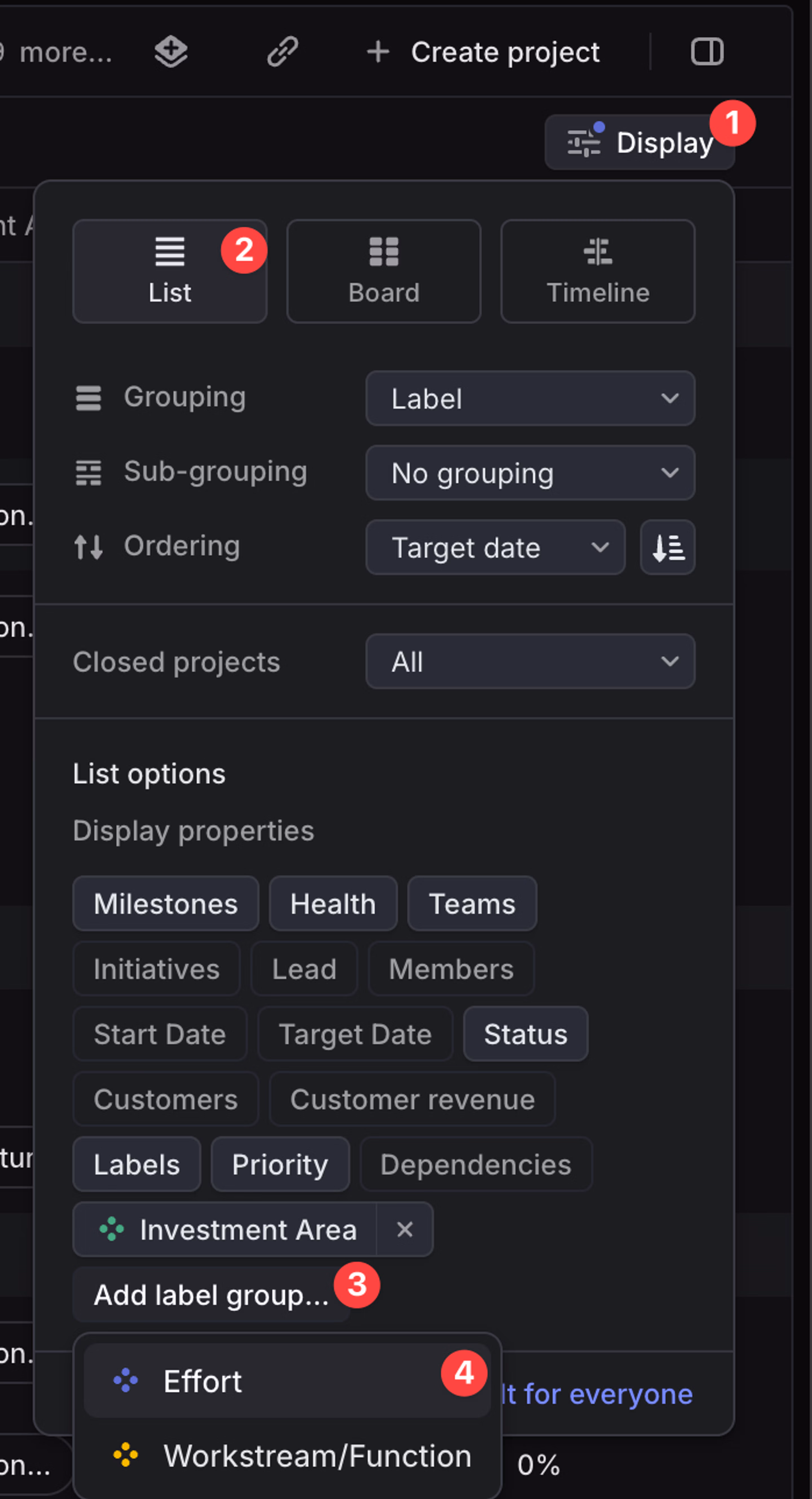 click display, list, add label group, then choose the group