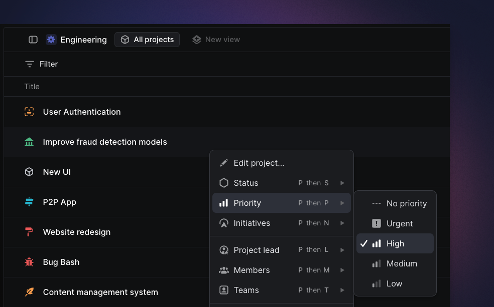 Linear app showing the priority menu on an issue