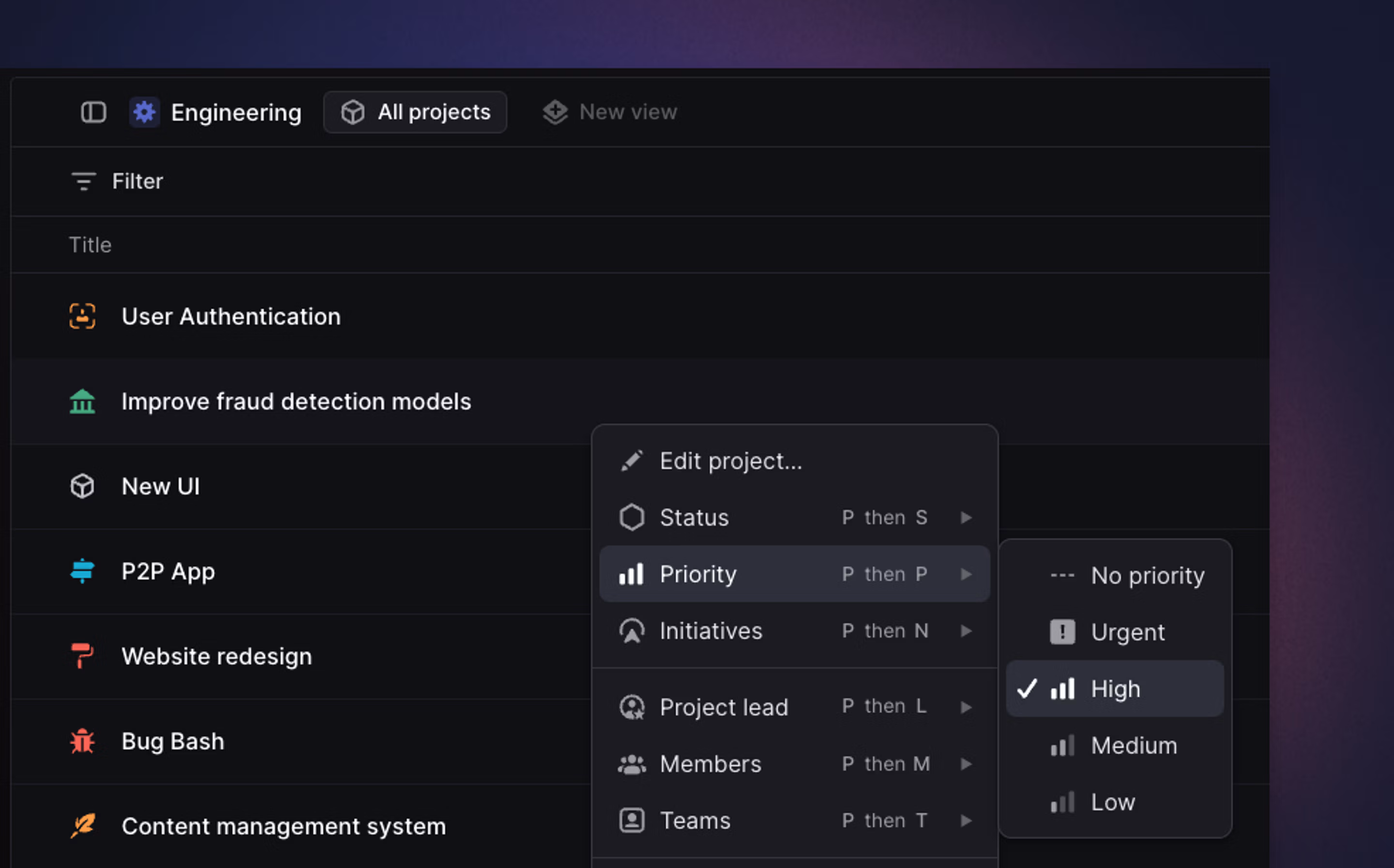 Linear app showing the priority menu on an issue